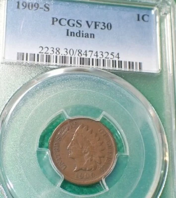 1909-S Indian Head Cent - PCGS-VF-30 # #916B - Image 1 of 4