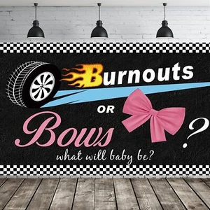7x5ft Burnouts or Bows Gender Reveal Backdrop What Will Baby Be Pink or Blue ... - Picture 1 of 7