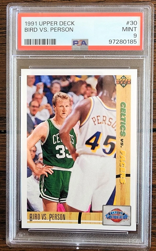 1991 Upper Deck #30 Chuck Person vs. Larry Bird Boston Celtics PSA Mint 9 - Image 1 of 2