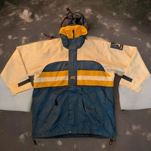 Helly Hansen Vintage 90s White Navy Yellow Waterproof Coat Jacket Medium - Picture 1 of 12