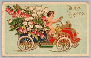 Postcard Birthday Greetings, Flowers Antique Car Child Driving - Picture 1 of 2