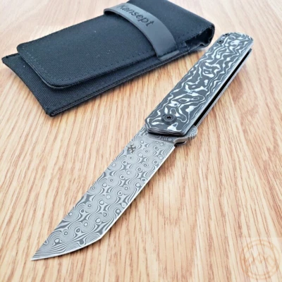 Kansept Cuchillos Foosa Cuchillo Plegable 3" Hoja de Acero Damasco Mango de Fibra de Carbono Foto 1 de 4