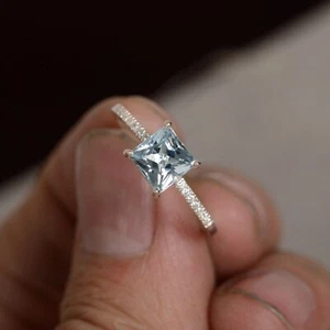 2Ct Princess Cut Lab Created Aquamarine Wedding Ring 14K White Gold Plated - Picture 1 of 4