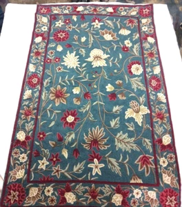 Alfombra Cachemira 100% Lana Floral Bordado Tapiz Azul Rojo - Imagen 1 de 7