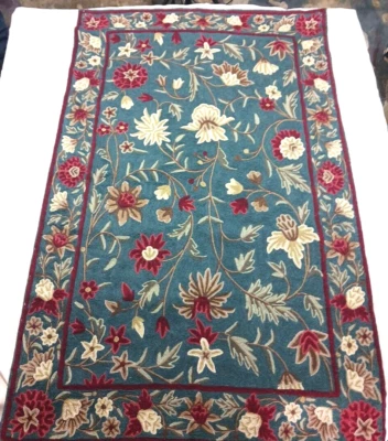 Alfombra Cachemira 100% Lana Floral Bordado Tapiz Azul Rojo Foto 1 de 4