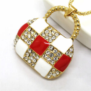 New Betsey Johnson Red Enamel Cute Plaid Handbag Crystal Pendant Women Necklace