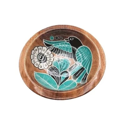 Hand Painted Black & Blue Bird Round Wood Bowl White Flower Glossy 7"Diam - Image 1 of 4