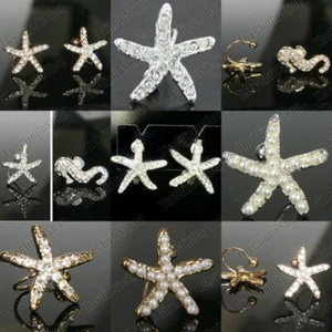 PENDIENTES ESTRELLA clip en tachuelas falsas PLATA/ORO ANTIGUO cristal/perla/caballito de mar - Imagen 1 de 34