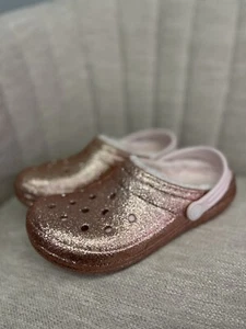 Crocs Pink Glitter Size Junior J4 Shoes Classic Clog Lined Fuzzy - Picture 1 of 7
