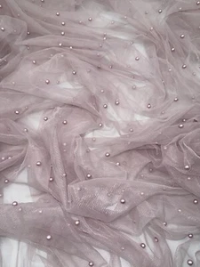 1 mtr dusty pink pearl beaded tulle net bridal dress fabric..58” wide (147cm) - Picture 1 of 6
