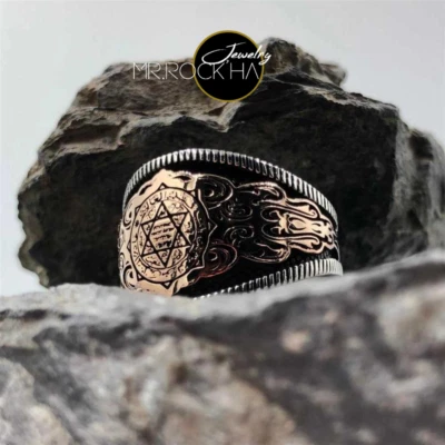 Solomon's Seal,Engraving Handcarved,Bronze Color,925 Silver Men's Solitiare Ring - Image 1 of 4