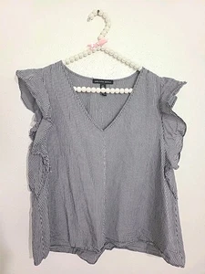 SAKS FIFTH AVENUE Gingham Tank Top V-Neck Ruffles Sleeve Black Medium - Picture 1 of 7