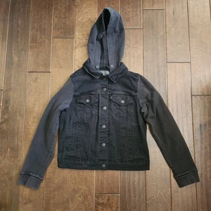 Levi's Strauss & Co Black Denim Jean Jacket Built-in Hoodie KIDS Size L - Picture 1 of 20