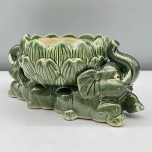 MCM ART POTTERY Deep Green DOUBLE ELEPHANT LOTUS FLOWER Planter Bowl MAJOLICA - Picture 1 of 19