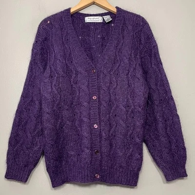 Cárdigan Mohair Vintage Talla Pequeña Púrpura Oscuro Suéter Difuso Tejido por Cable Academia Foto 1 de 4