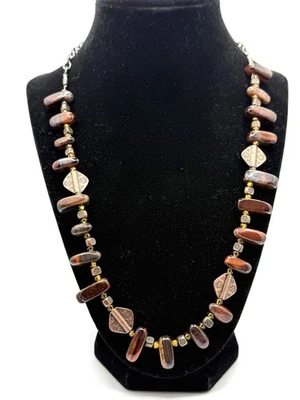 Red Brownish Tiger Eye Gemstone Stone Necklace Artisan Boho Copper Metal Beads - Image 1 of 4