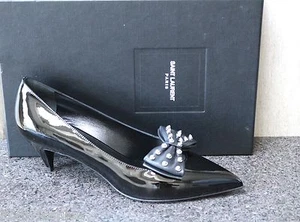 NIB YSL Saint Laurent KITTEN 50 Black Patent Leather BOW STUDS Pumps Shoes 40 - Picture 1 of 9