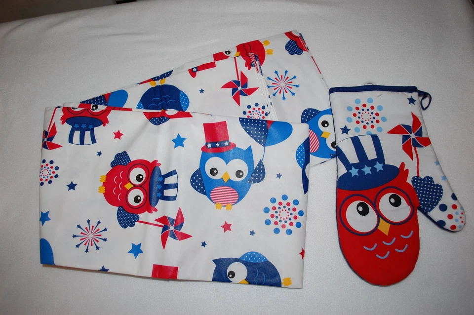 Vinyl Like Tablecloth RED WHITE BLUE OWL JULY 4 Lg Rectangle 60 x 84" OVEN MITT - Image 1 of 1