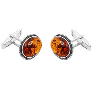 925 Solid Sterling Silver Natural Cognac Baltic Amber Oval Filigree Cufflinks - Picture 1 of 7