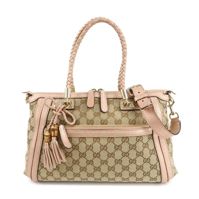 GUCCI Bamboo GG Canvas Leather 2Way Shoulder Bag Beige Pink 282300 Auth Used F/S - Image 1 of 4