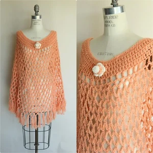 Vintage 1960s 1970s Poncho Shawl, Peach Orange Knit or Crochet with Fringe Cape - Picture 1 of 10