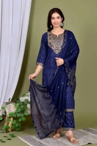 Fully Readymade Blue Kurta Palazzo Dupatta Set Indian Designer Kurti Pant Sets - Picture 1 of 6