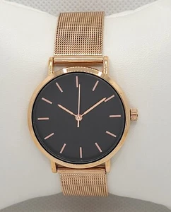 Damas HM Minimalista Redondo Oro Rosa Tono Esfera Negra Banda de Malla G9 - Imagen 1 de 9