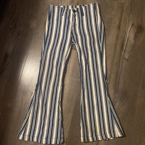 Jeans con fondo Free People Jolene blu a righe Hip Hugger Bell taglia 25 ~ 6501 - Foto 1 di 3