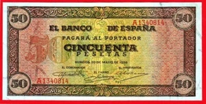 50 Pesetas, 1938 ''Burgos'' Serie A, EBC+ - Picture 1 of 2