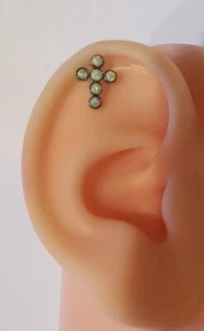 Earring Opal Cross Mini Barbell Titanium Flat Back - Picture 1 of 4
