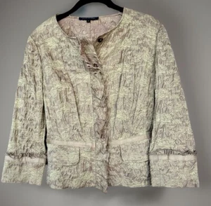 David Meister Womens Long Sleeve Button Up Blazer Tan/Olive Ruffle Embroidered 8 - Picture 1 of 21