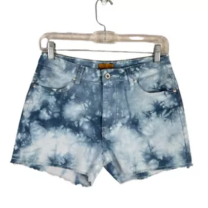 Pantaloncini jeans denim vita alta nuovi senza etichette POL donna taglia S torta mirtillo tie dye orlo grezzo - Foto 1 di 4