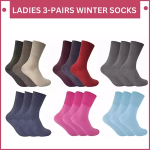 3 Pair Ladies Wide Top Non Elastic Binding Thermal Diabetic Winter Warm Socks UK - Picture 1 of 18