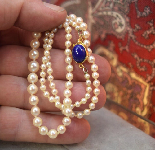 OFF WHITE Collana Vintage Giapponese Coltivata Fine Perle Akoya Chiusura Lapislazzuli Blu 14K