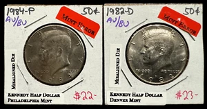 !!TWO!! 1984-P and 1982-D - Kennedy Half Dollar Error - Misaligned Dies Strike  - Picture 1 of 2