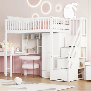 Hochbett Kinderbett Jugendbett mit Kleiderschrank Schreibtisch und Treppe Weiß - Bild 1 von 8