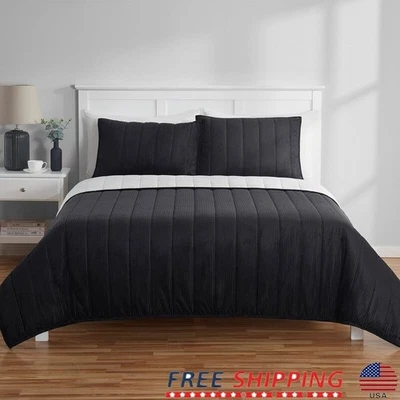 Solid Black Corduroy Stripe King Quilt Reversible Soft Microfiber Washable New - Image 1 of 4