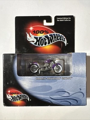 VINTAGE 2000 100% HOT WHEELS 1:64 PURPLE HARLEY DAVIDSON FATBOY & DISPLAY CASE - Image 1 of 4