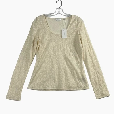 VINCE Leaf Pattern Jacquard Long Sleeve Scoop Neck T Shirt Ivory Womens Large - Image 1 of 4