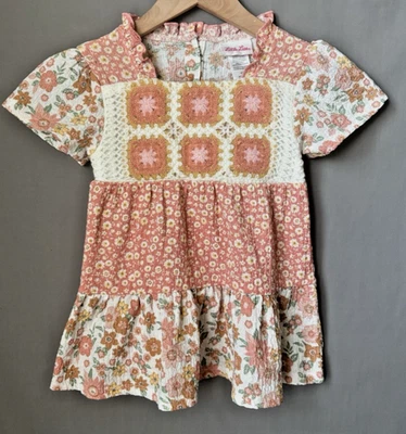 Little Lass Girls 4T Pink Gold Floral Tiered Granny Square Crochet Sun Dress - Image 1 of 4