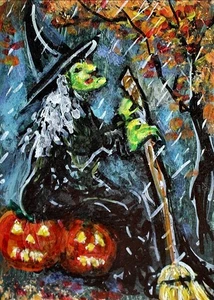 Quadro originale ACEO STREGA Halloween autunno zucche alberi pioggia ATC ART - Foto 1 di 1
