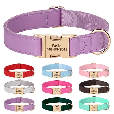 Collar de perro de cuero PU personalizado grabado gratis etiqueta de identificación personalizada nombre/número S-L Foto 1 de 4