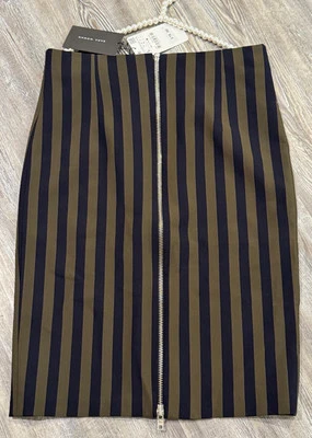 NUEVO CON ETIQUETAS ZARA Mujer Azul Marino/Oliva Rayas Declaración Cremallera Completa Frontal Falda Lápiz L Foto 1 de 4