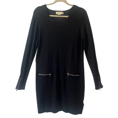Michael Kors Black Tunic Sweater Dress Large Long Sleeve Silver Zip Pocket Knit - Image 1 of 4