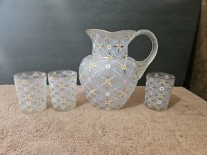 RARE ANTIQUE VICTORIAN FROSTED GLASS ENAMELED PITCHER & TUMBLERS MOSER?  AMAZING - Picture 1 of 12