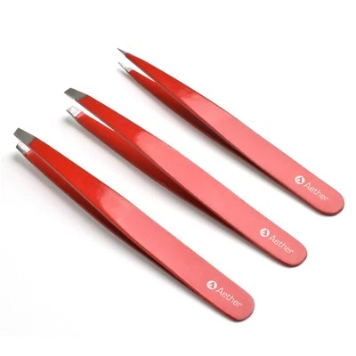 Aether® Tweezers 3-Pcs Set Red Eyebrow Hair Pluckers Pointed Slanted Flat + Case