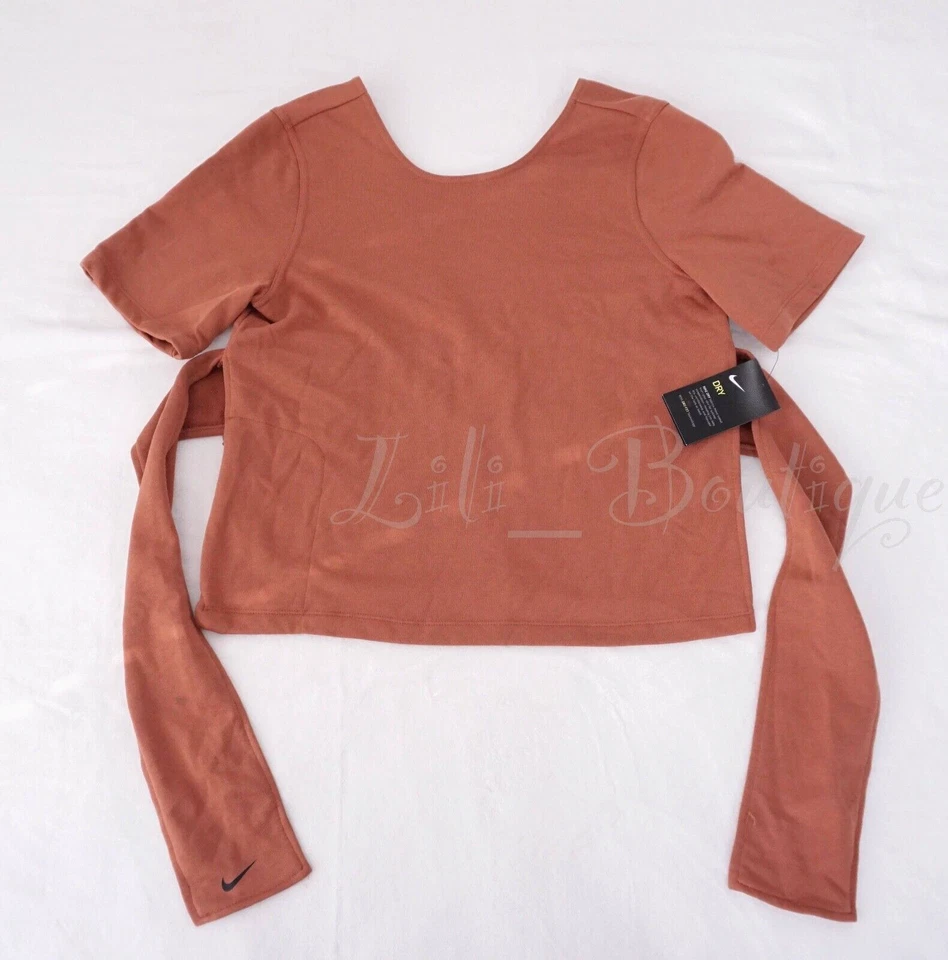 Nike Womens Studio Yoga Training Top SS Wrap Medium Rust - Ar3637