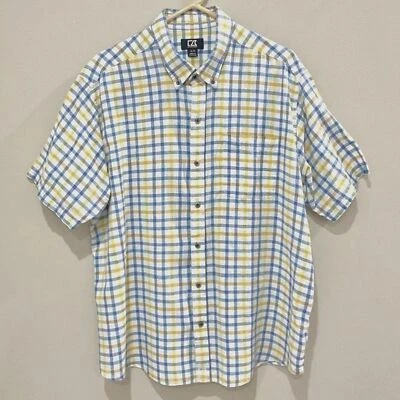 Men's Yellow & Blue Plaid Linen Shirt Button Up Linen Blend Sz XL Cutter & Buck - Image 1 of 4