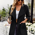 (Black M)Classic Lapel Overcoat Drawstring Reverse Button Design Women Coat HG5
