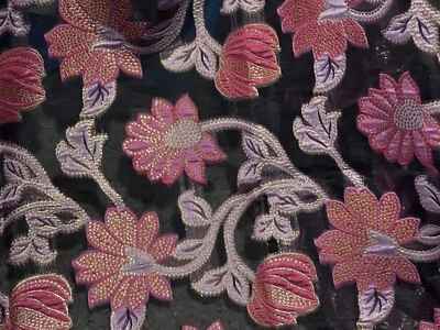 PINk PURPLE GOLD BLACK Metallic Brocade ORGANZA Fabric 58” Width 1 Yard - Image 1 of 4